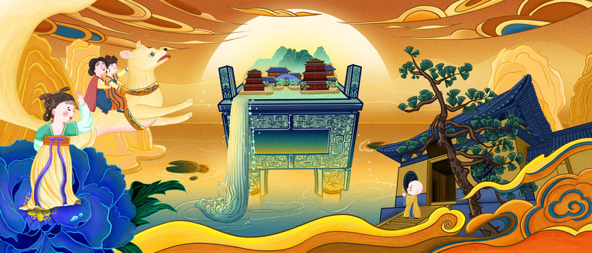 中国风圆月中秋包装插画文创