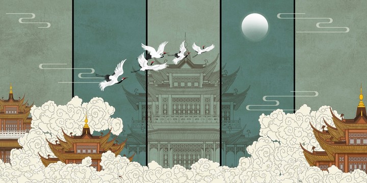 新中式復(fù)古樓閣壁畫