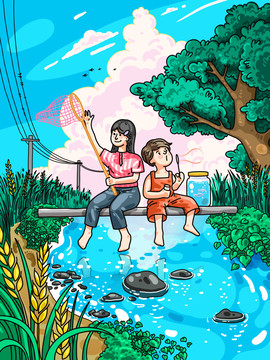 小清新夏天鄉(xiāng)野插畫
