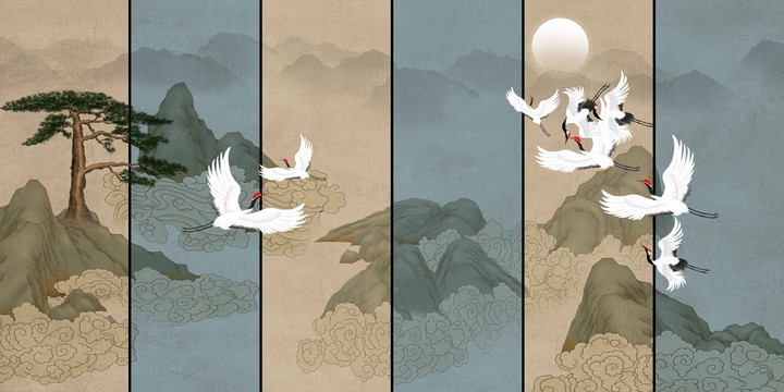 國(guó)潮祥云山水壁畫