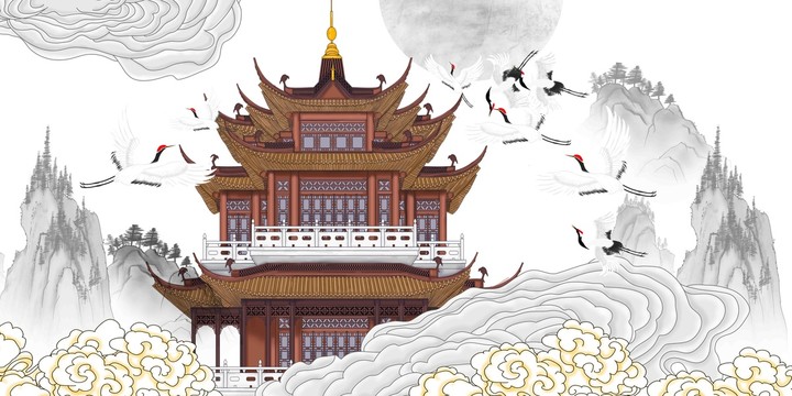 樓閣仙鶴背景墻云紋