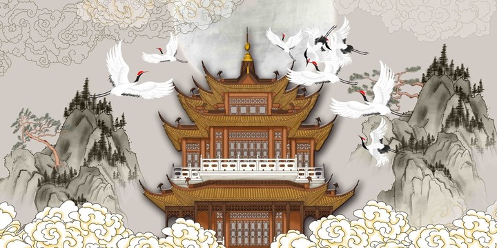 樓閣仙鶴背景墻云紋