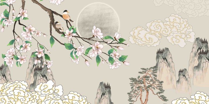 新中式古風玉蘭花山水畫