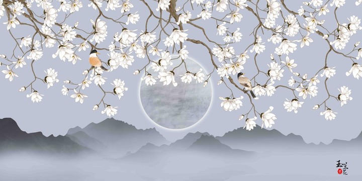 新中式花鳥山水背景墻