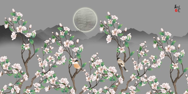 工筆花鳥山水壁畫