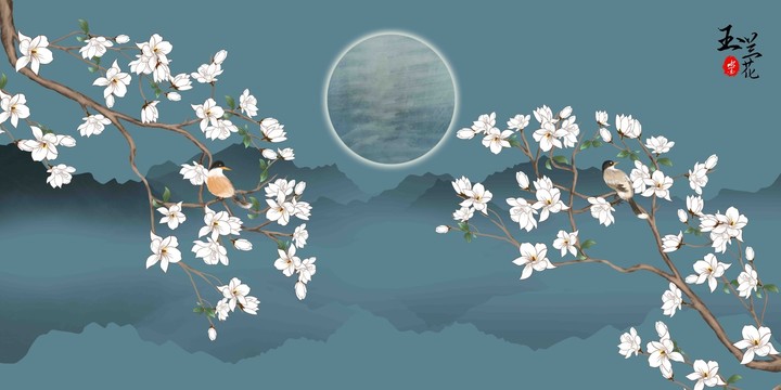 工筆花鳥山水壁畫