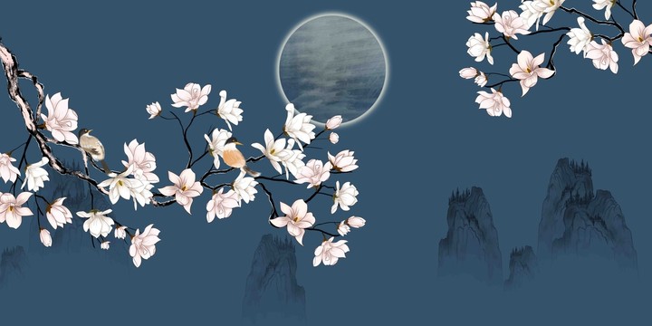 花鳥山水壁畫背景墻