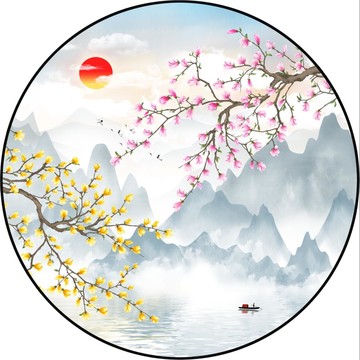 新中式山水玉兰花装饰画
