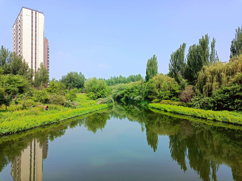 碧水蓝天高楼大厦倒影对称水道