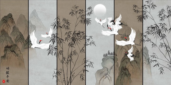 古風山水竹子壁畫