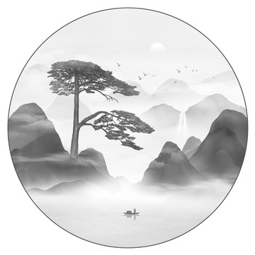 水墨迎客松山水畫(huà)