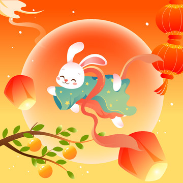 八月十五中秋节玉兔拜月插画