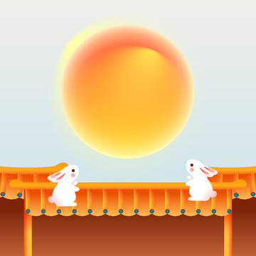 中秋節(jié)兔子屋頂賞月國潮插畫