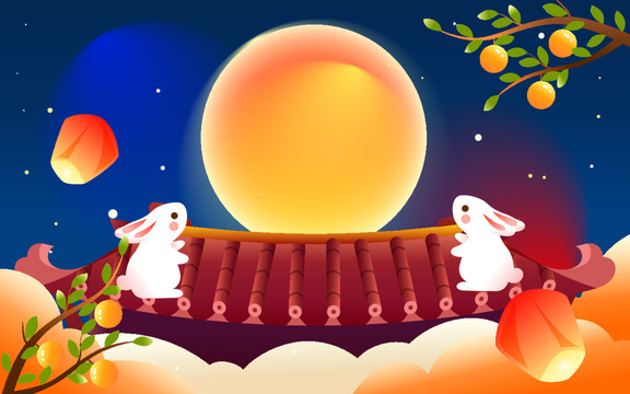 中秋节兔子屋顶赏月国潮插画