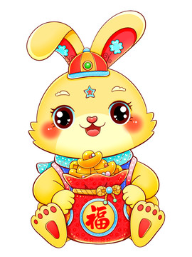 国潮兔年春节生肖抱福袋金兔