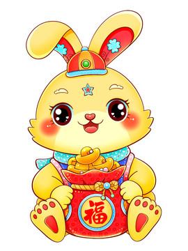 國潮兔年春節(jié)生肖抱福袋金兔