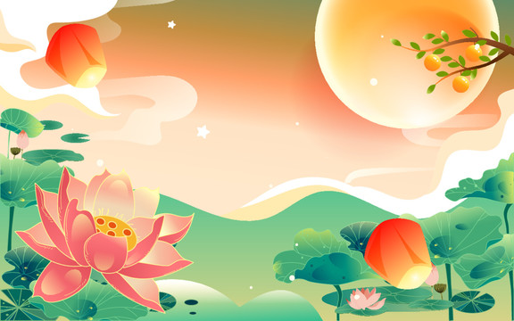 中秋節(jié)玉兔望月傳統(tǒng)節(jié)日插畫