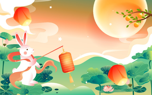 中秋節(jié)玉兔望月傳統(tǒng)節(jié)日插畫