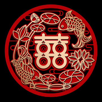 雙色金字喜貼結婚囍字剪紙荷花