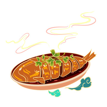 手繪國潮美食紅燒魚原創(chuàng)插畫