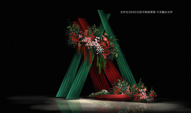 紅綠撞色小眾新中式婚禮效果圖