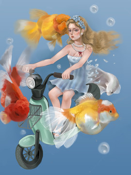 少女與魚插畫