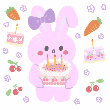 手繪生日蛋糕兔子插畫
