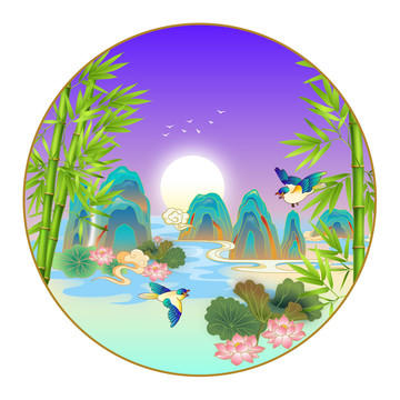 國(guó)潮山水花鳥矢量插畫