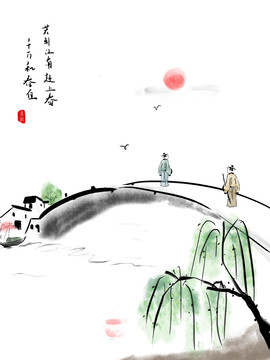 手繪水墨畫江南水鄉(xiāng)古詩插畫