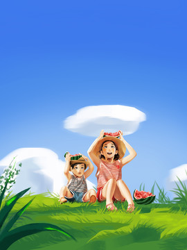藍天草地吃西瓜過夏天
