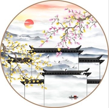 山水玉蘭花徽派墻裝飾畫