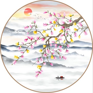山水玉蘭花裝飾畫(huà)
