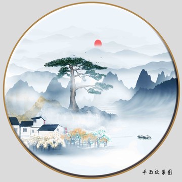 迎客松水墨山水挂画壁画