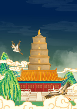 西安地標(biāo)建筑插畫(huà)大雁塔豎版