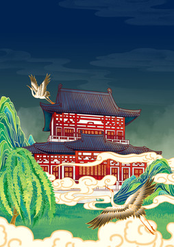西安地標(biāo)建筑插畫(huà)華清宮豎版