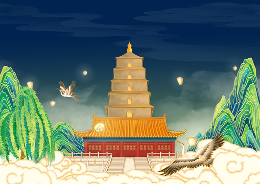 西安地標建筑插畫大雁塔橫版