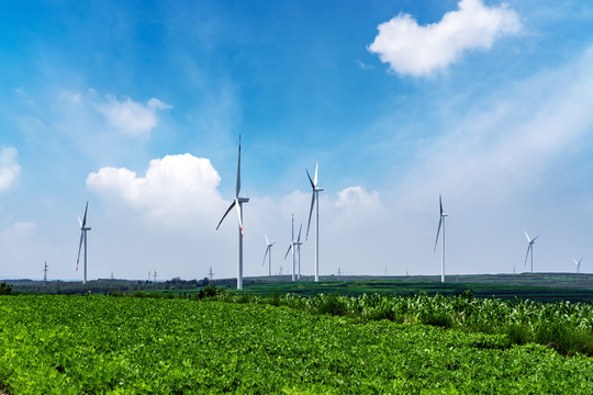 航拍绿色能源风力发电机