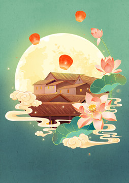 國潮中秋插畫