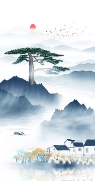 迎客松水墨山水畫