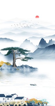 迎客松仙鶴山水畫玄關(guān)畫