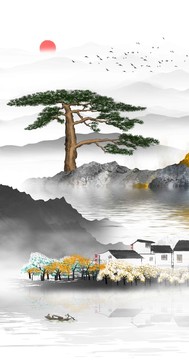 迎客松仙鶴山水畫玄關(guān)畫