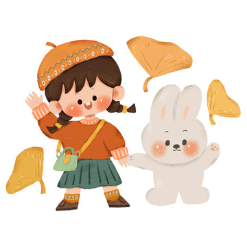 可爱手绘秋天女孩和兔子插画