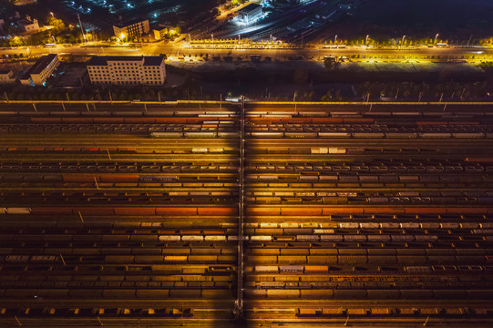 航拍郑州北站铁路编组站夜景