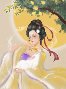 手繪嫦娥玉兔月亮桂花