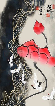 新中式荷花壁畫(huà)