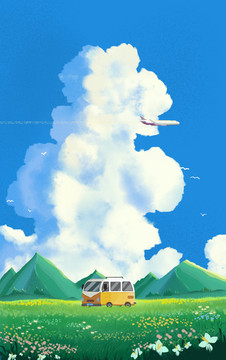 藍(lán)天白云風(fēng)景旅游動(dòng)漫插畫(huà)