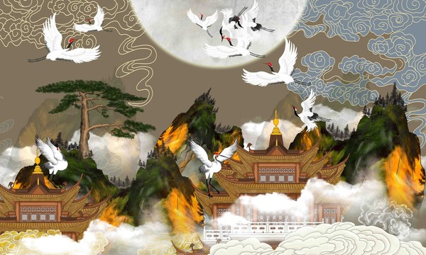 高端閣樓山水仙鶴背景墻