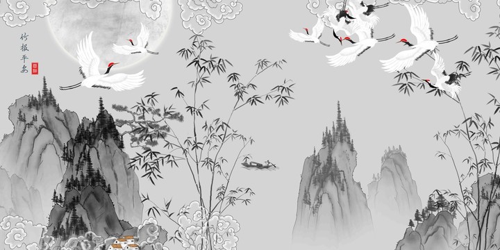 寫意竹子山水壁畫