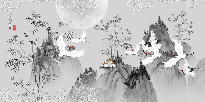 古風(fēng)仙鶴竹子山水畫