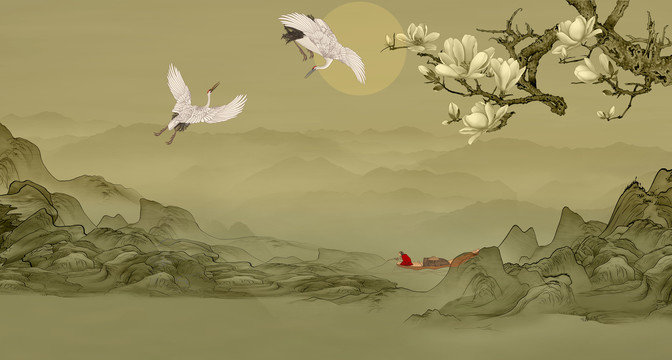 千里江山圖背景墻玉蘭仙鶴